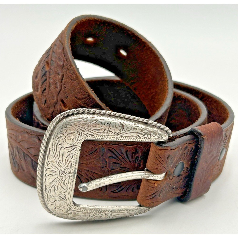 Tony Lama Belt Mens 34 Floral Filigree Tooled Brown Leather 1329L